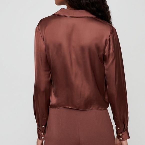 Wilfred Aritzia Tie Front Blouse Size Medium Bronze Silky Collared Long Sleeve - Picture 8 of 10